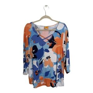 Ruby Road Criss Cross Floral Long Sleeve Blouse Size 1X Plus Abstract Flowers
